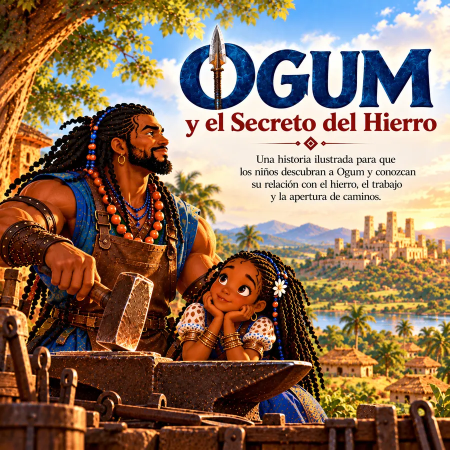 Portada de Ogum y el Secreto del Hierro con Ogum y una niña frente a Ifé
