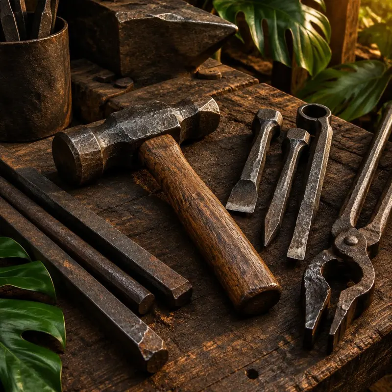 Martillo, cinceles y barras de hierro sobre una mesa de madera