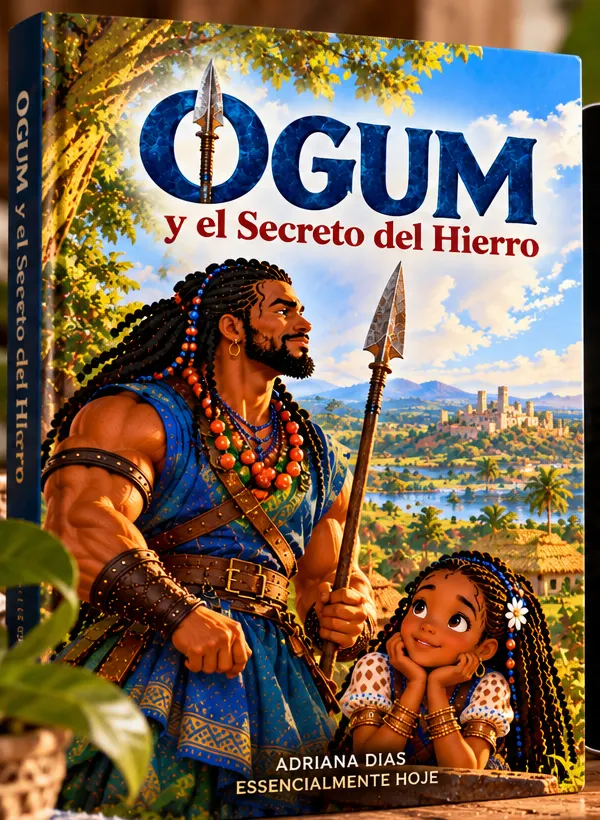 Libro Ogum y el Secreto del Hierro junto a una planta y un cesto