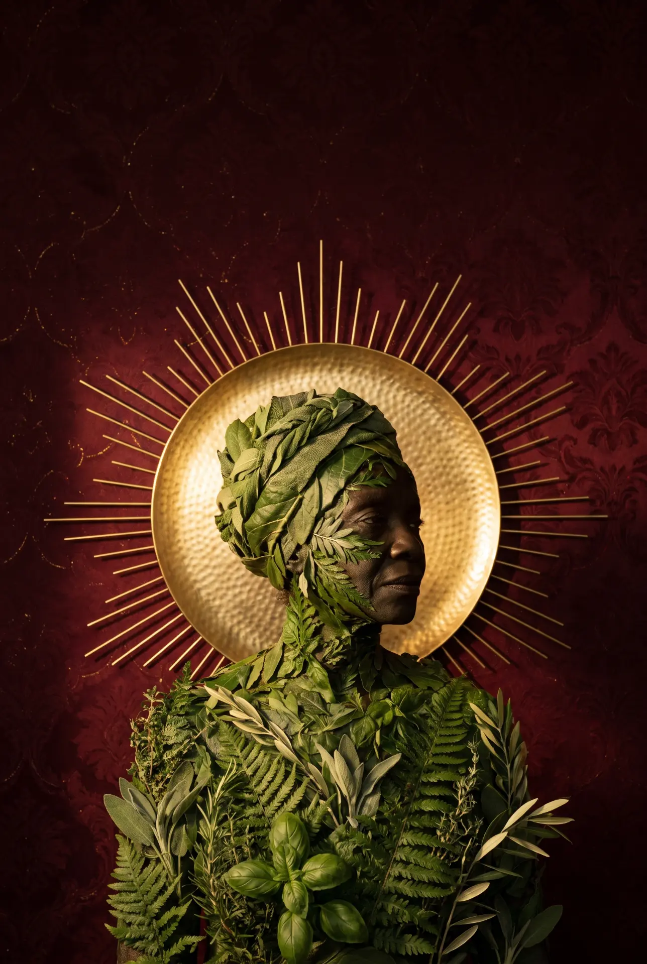 Mulher envolta em folhas verdes diante de um disco dourado radiante, sobre fundo vinho profundo