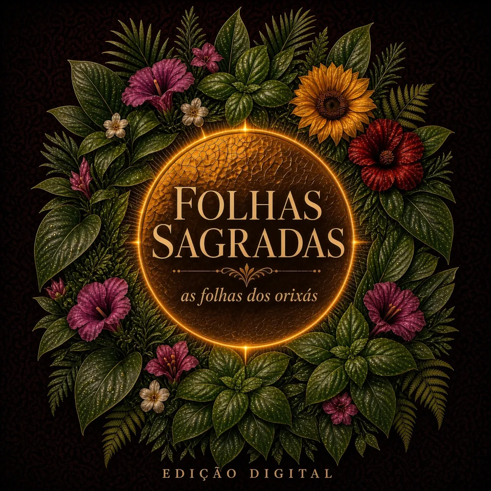 Capa de Folhas Sagradas, as folhas dos orixás, edição digital, com composição botânica e detalhes dourados